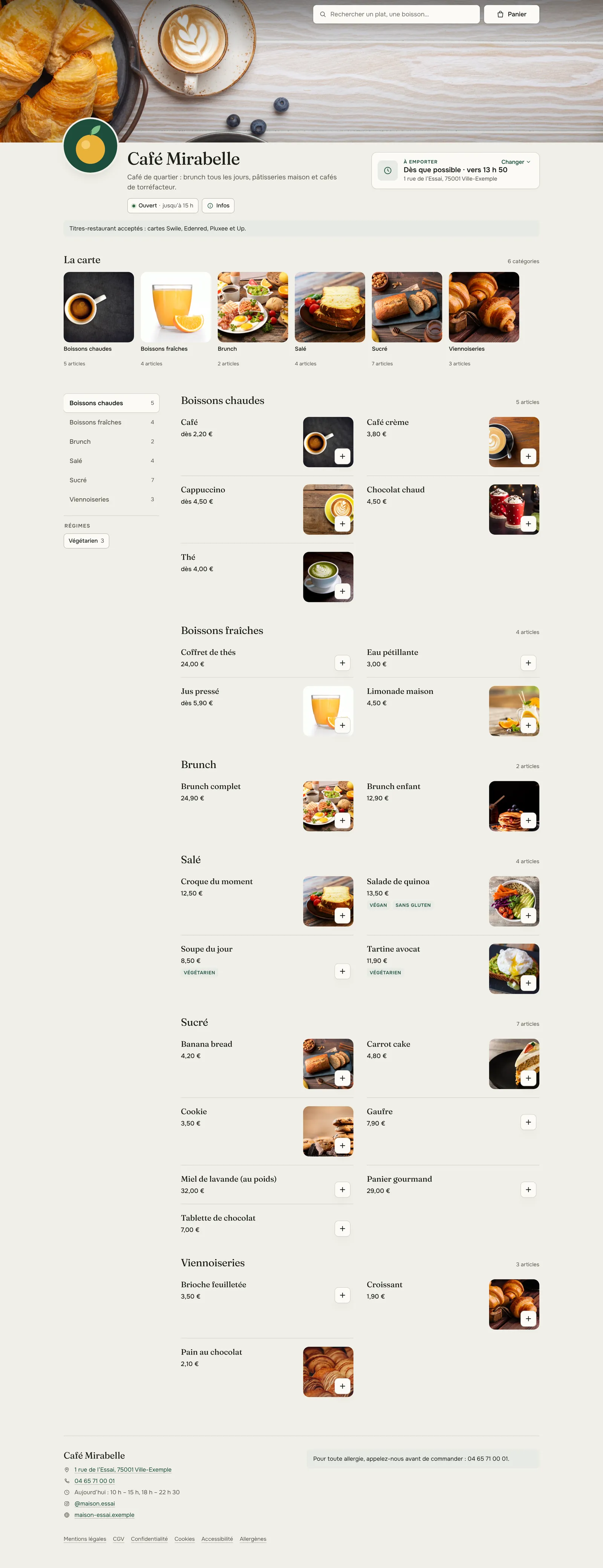 Le site de commande du Café Mirabelle, en entier : la couverture, le logo, le retrait à l’heure choisie, la carte en photos (boissons chaudes, boissons fraîches, viennoiseries, salé, sucré, brunch), les plus commandés, et le pied de page.