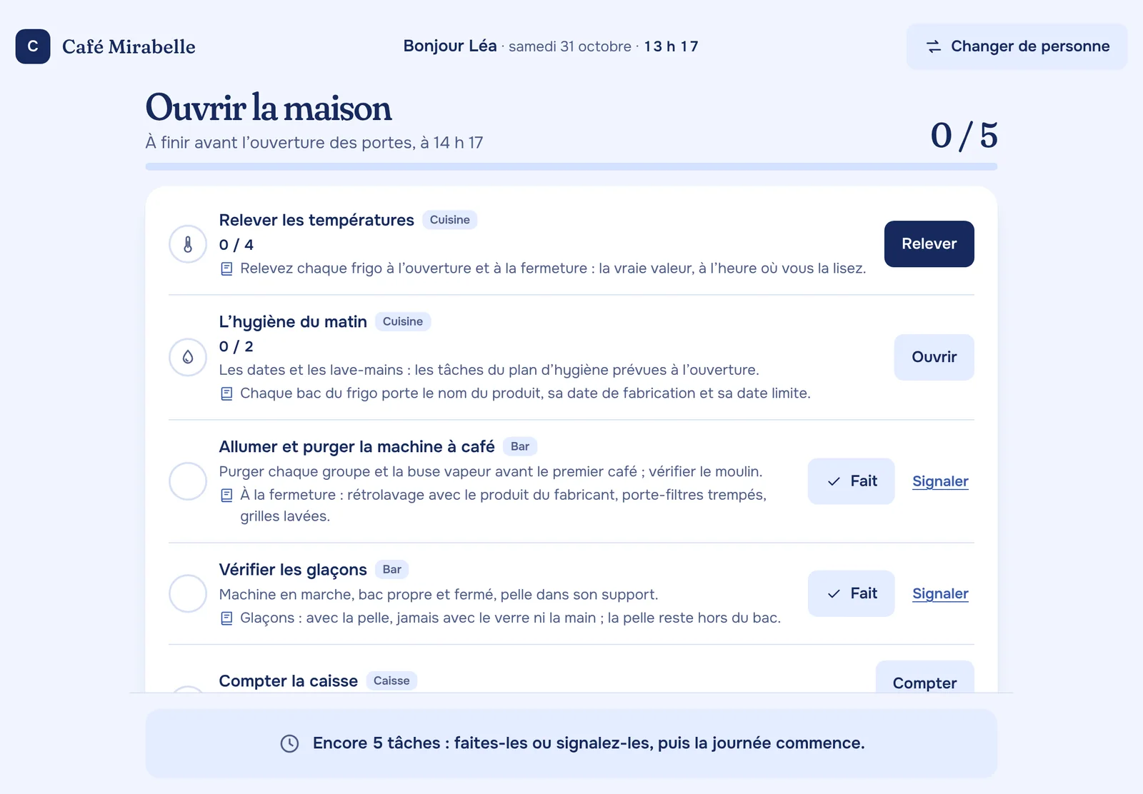 « Ouvrir la maison » : la liste d’ouverture, à finir avant que la journée commence.