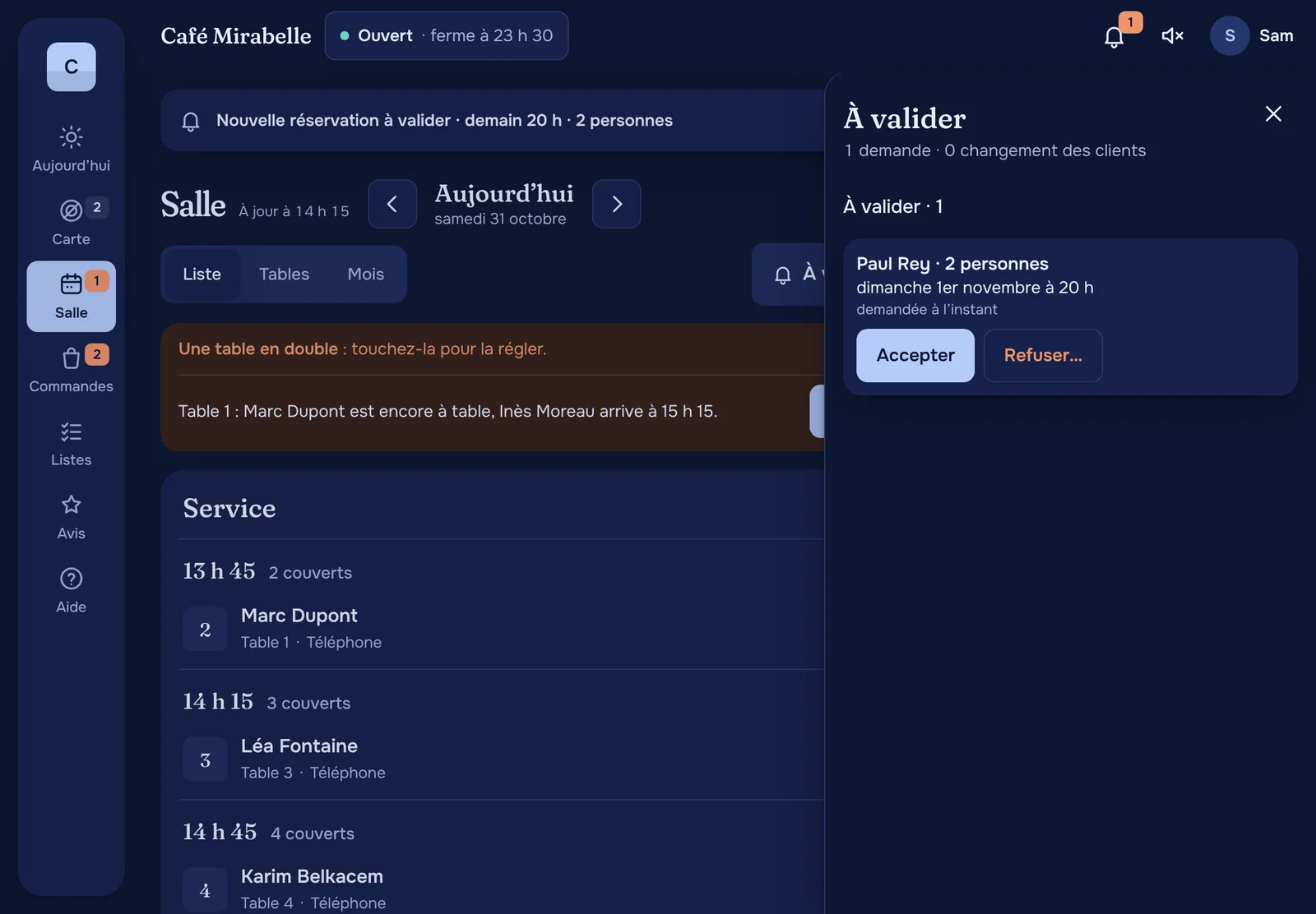 La Salle sur l’iPad du comptoir, en thème sombre.